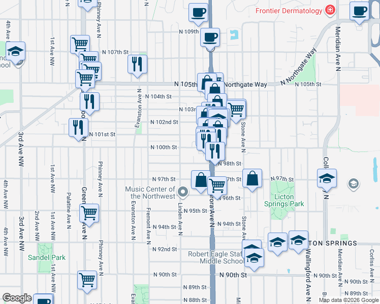 map of restaurants, bars, coffee shops, grocery stores, and more near 917 North 100th Street in Seattle