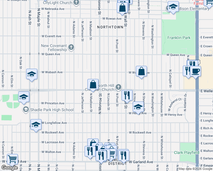 map of restaurants, bars, coffee shops, grocery stores, and more near 4726 North Lincoln Street in Spokane