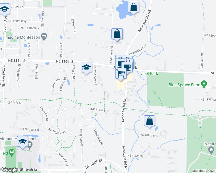 map of restaurants, bars, coffee shops, grocery stores, and more near 11408 183rd Place Northeast in Redmond