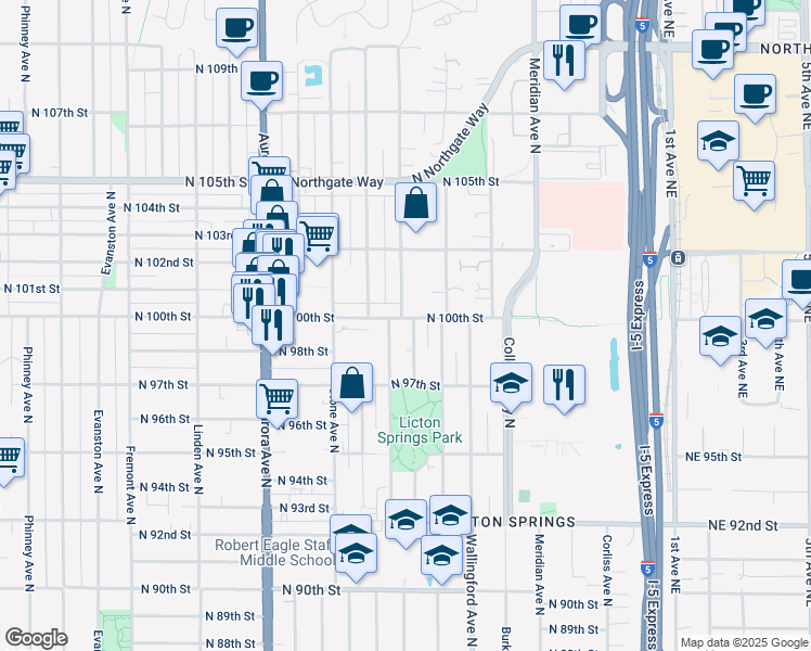 map of restaurants, bars, coffee shops, grocery stores, and more near 1605 North 100th Street in Seattle
