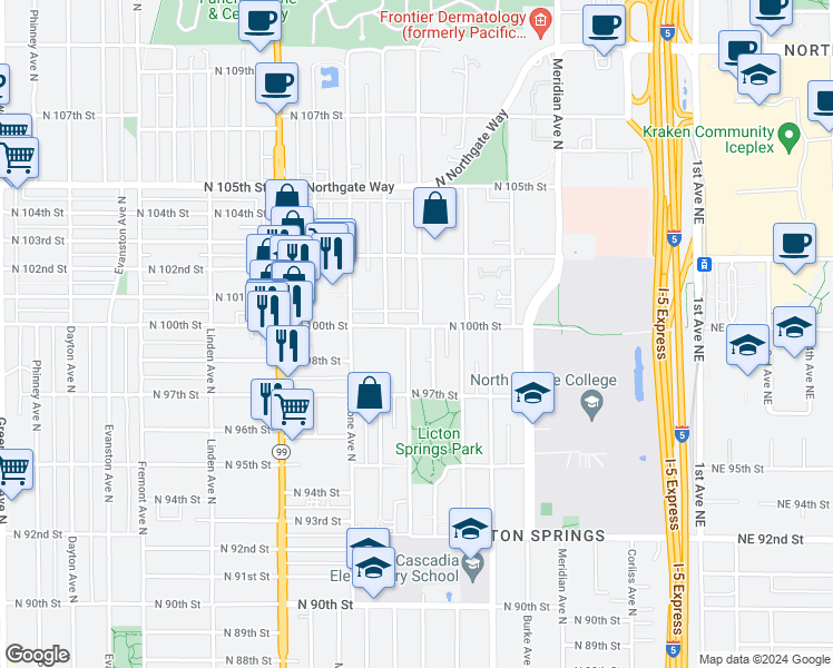 map of restaurants, bars, coffee shops, grocery stores, and more near 1410 North 100th Street in Seattle