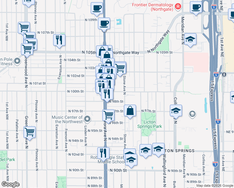 map of restaurants, bars, coffee shops, grocery stores, and more near 1125 North 100th Street in Seattle