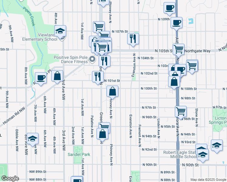 map of restaurants, bars, coffee shops, grocery stores, and more near 412 North 100th Street in Seattle