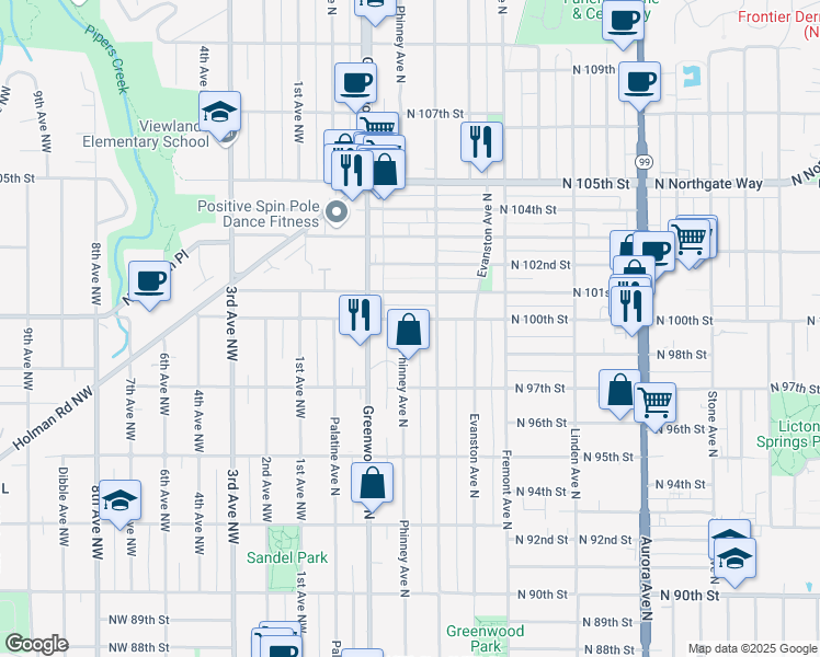 map of restaurants, bars, coffee shops, grocery stores, and more near 412 North 100th Street in Seattle