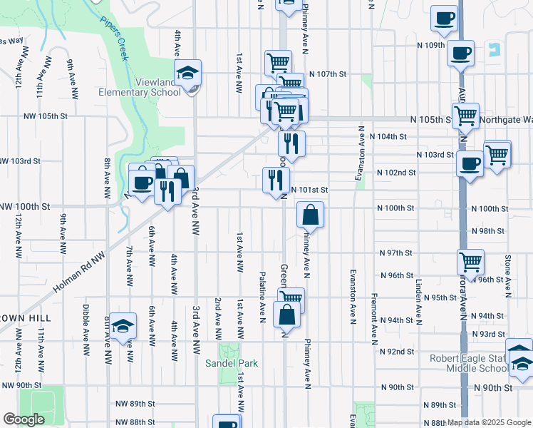 map of restaurants, bars, coffee shops, grocery stores, and more near 200 North 100th Street in Seattle