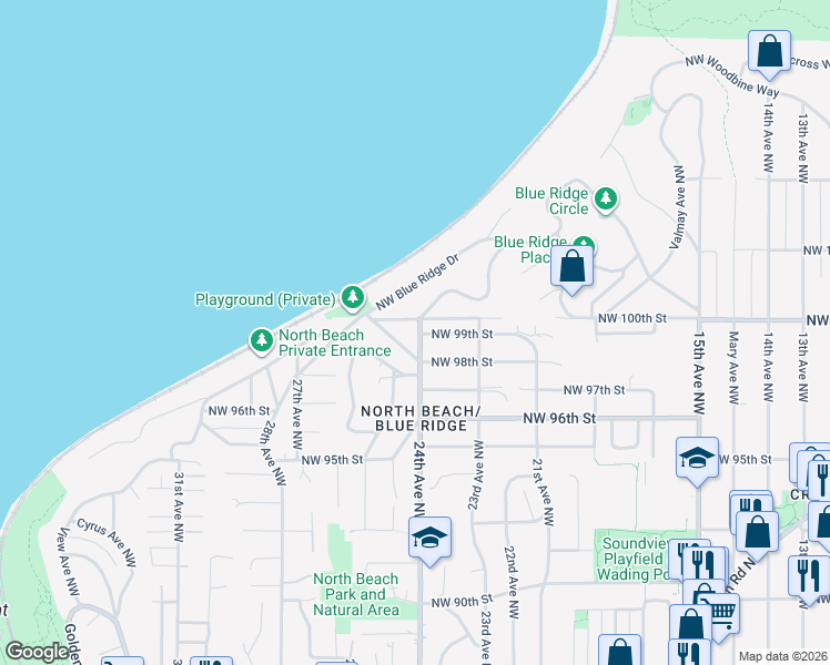 map of restaurants, bars, coffee shops, grocery stores, and more near 2411 Northwest 100th Street in Seattle
