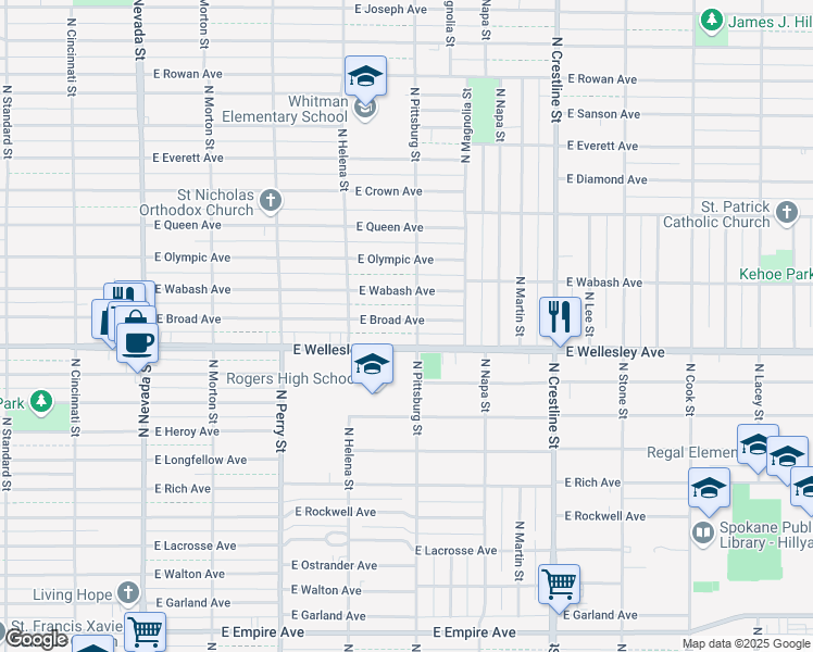 map of restaurants, bars, coffee shops, grocery stores, and more near 1654 East Broad Avenue in Spokane