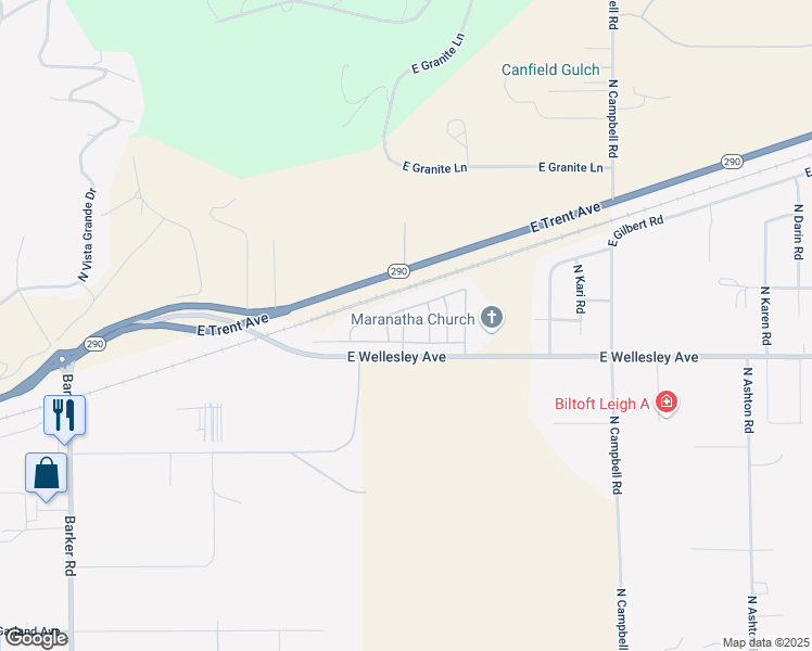 map of restaurants, bars, coffee shops, grocery stores, and more near 19625 East Wellesley Avenue in Spokane Valley