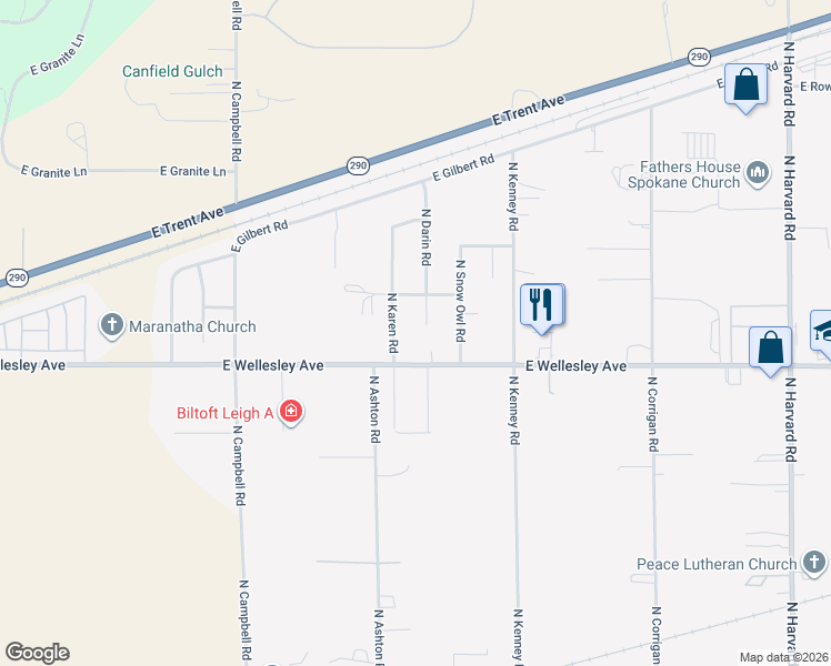 map of restaurants, bars, coffee shops, grocery stores, and more near 4907 North Darin Road in Otis Orchards-East Farms