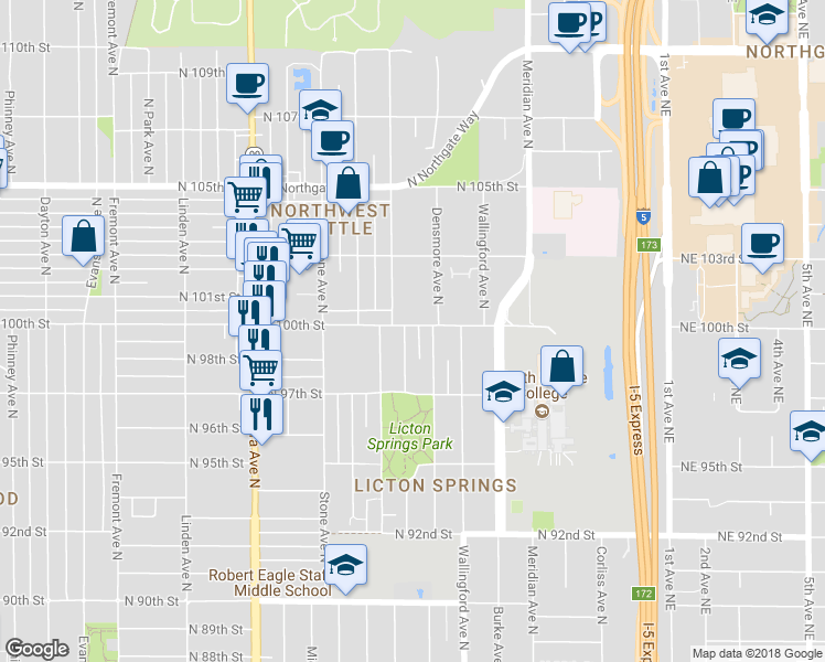 map of restaurants, bars, coffee shops, grocery stores, and more near 1605 North 100th Street in Seattle