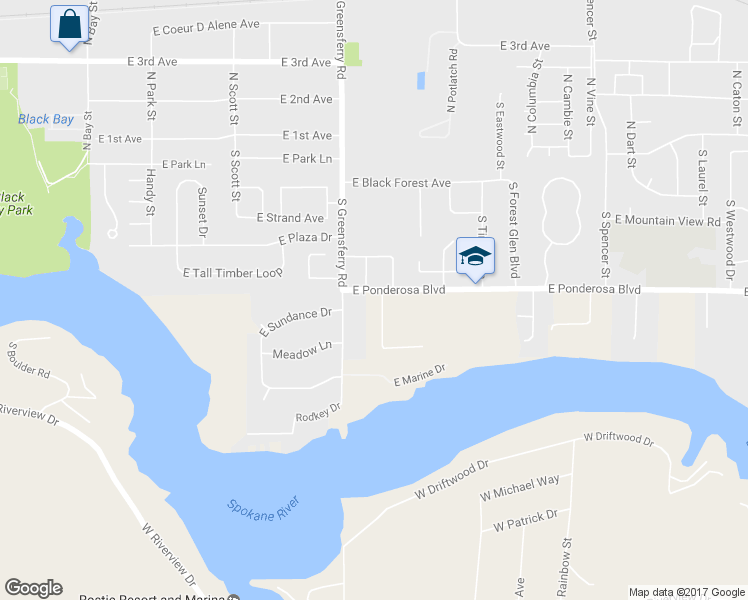 map of restaurants, bars, coffee shops, grocery stores, and more near 2510 East Ponderosa Boulevard in Post Falls