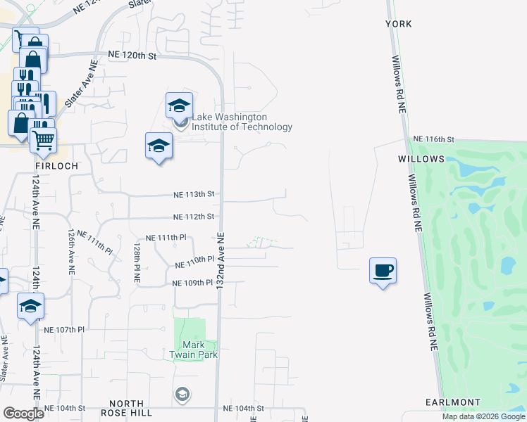 map of restaurants, bars, coffee shops, grocery stores, and more near 11137 134th Court Northeast in Redmond