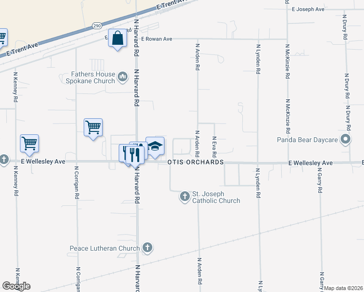 map of restaurants, bars, coffee shops, grocery stores, and more near 22105 East Wellesley Avenue in Otis Orchards-East Farms