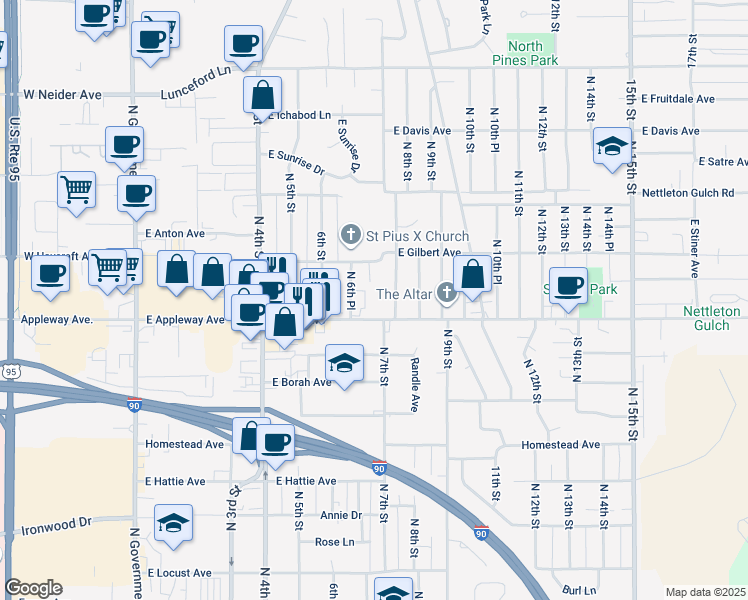 map of restaurants, bars, coffee shops, grocery stores, and more near 625 East Best Avenue in Coeur d'Alene