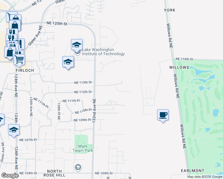 map of restaurants, bars, coffee shops, grocery stores, and more near 11260 132nd Avenue Northeast in Redmond