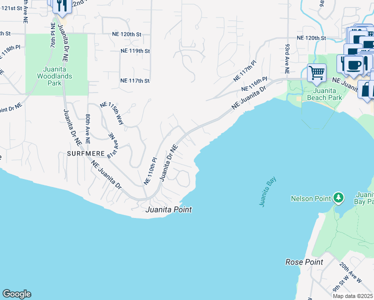 map of restaurants, bars, coffee shops, grocery stores, and more near 8605 Northeast Juanita Drive in Kirkland