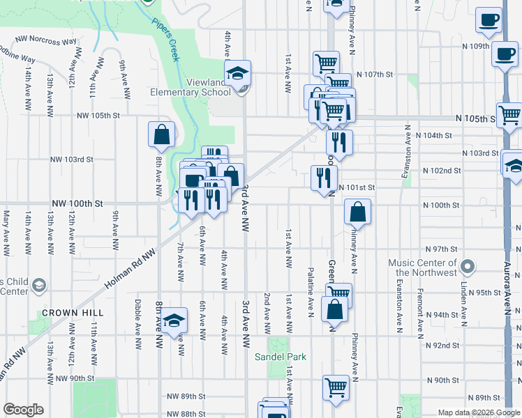 map of restaurants, bars, coffee shops, grocery stores, and more near 128 Northwest 100th Street in Seattle
