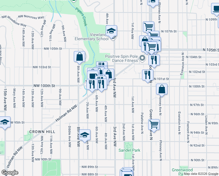 map of restaurants, bars, coffee shops, grocery stores, and more near 9761 3rd Avenue Northwest in Seattle