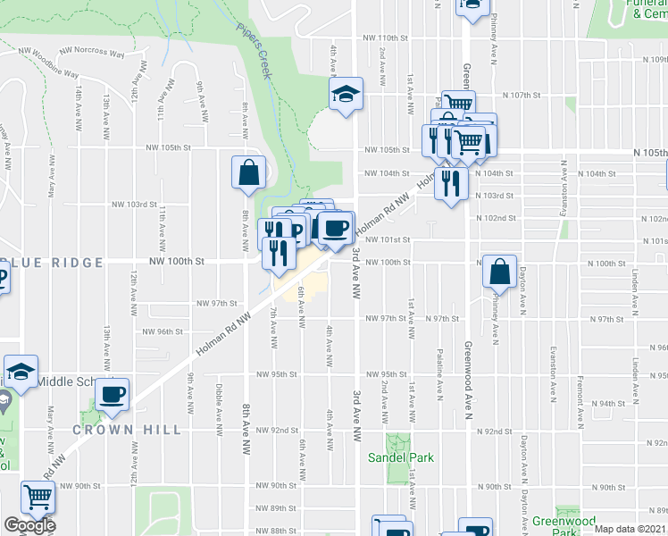 map of restaurants, bars, coffee shops, grocery stores, and more near in Seattle