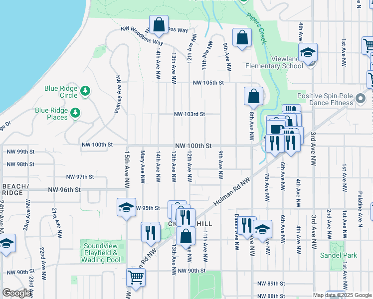 map of restaurants, bars, coffee shops, grocery stores, and more near 9737 12th Avenue Northwest in Seattle