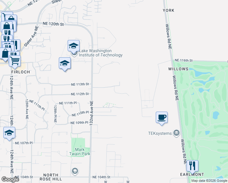 map of restaurants, bars, coffee shops, grocery stores, and more near Northeast 22nd Court in Redmond
