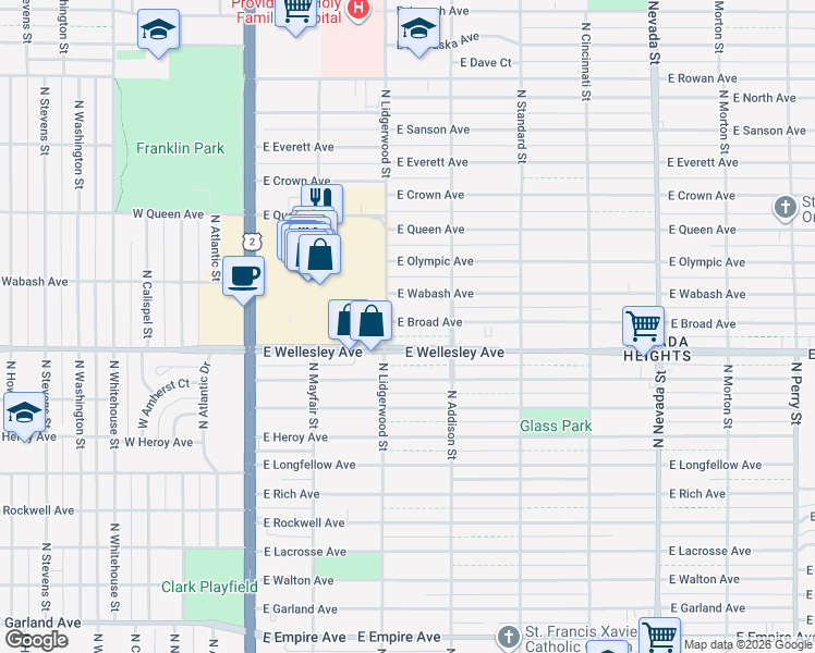 map of restaurants, bars, coffee shops, grocery stores, and more near 316 East Broad Avenue in Spokane