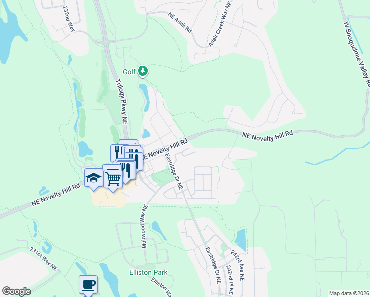 map of restaurants, bars, coffee shops, grocery stores, and more near 23933 Northeast Novelty Hill Road in Redmond