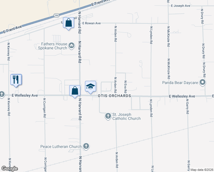 map of restaurants, bars, coffee shops, grocery stores, and more near 22105 East Wellesley Avenue in Otis Orchards-East Farms