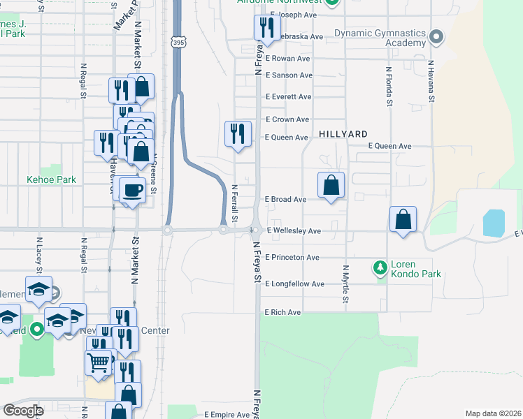 map of restaurants, bars, coffee shops, grocery stores, and more near 3618 East Broad Avenue in Spokane