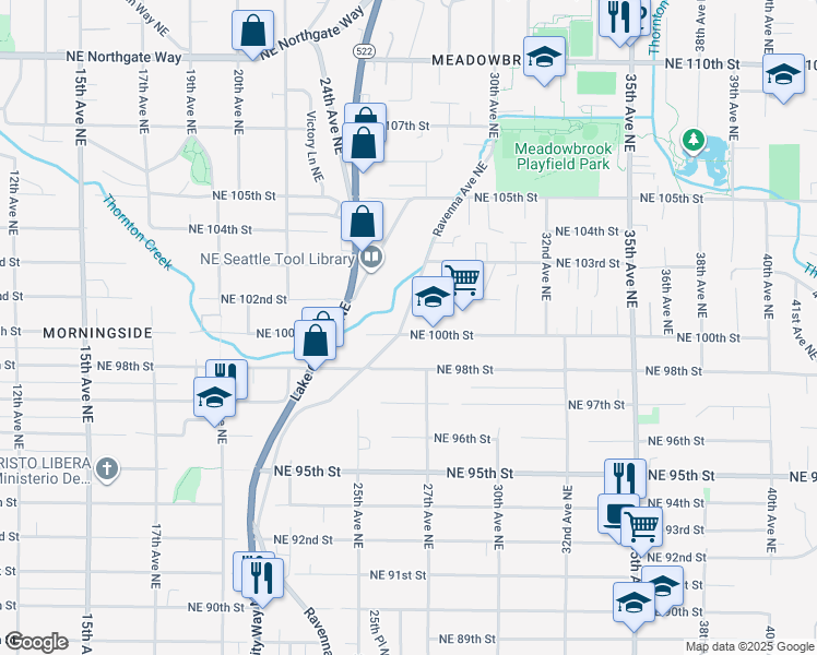map of restaurants, bars, coffee shops, grocery stores, and more near 2604 Northeast 100th Street in Seattle