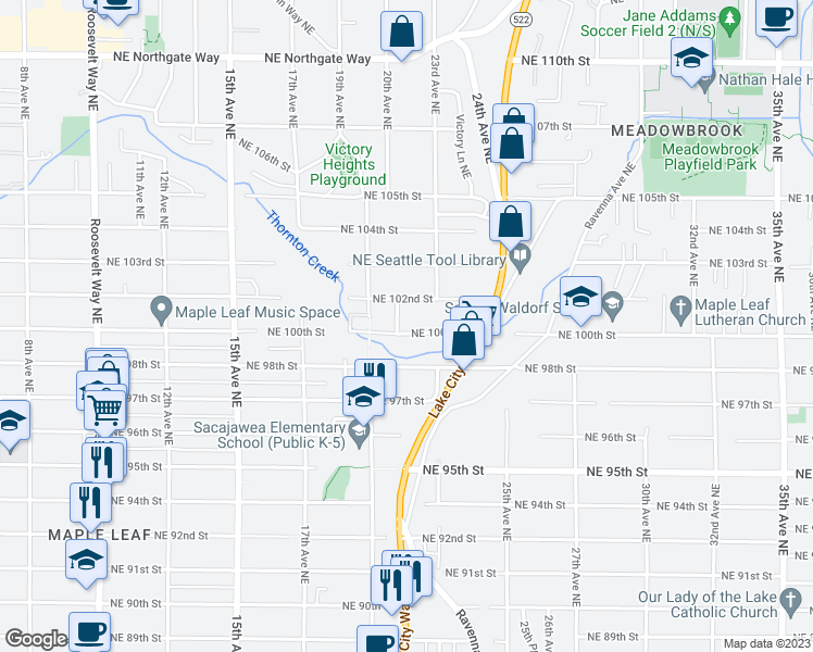 map of restaurants, bars, coffee shops, grocery stores, and more near 2104 Northeast 100th Street in Seattle