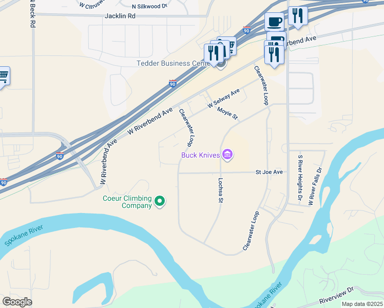 map of restaurants, bars, coffee shops, grocery stores, and more near 525 Clearwater Loop in Post Falls