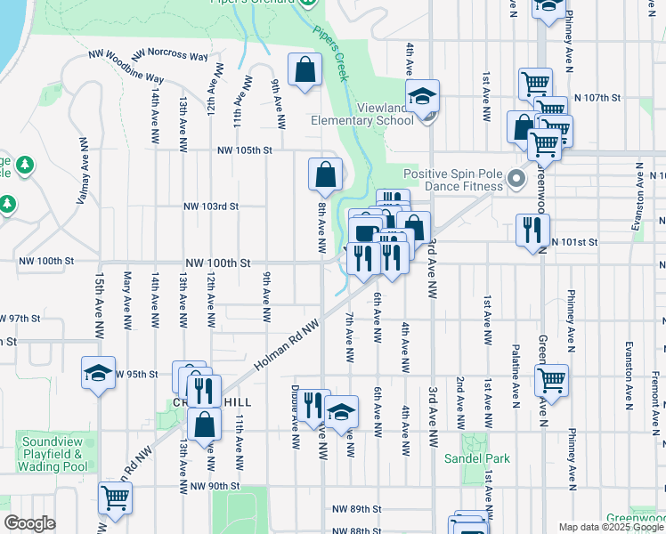 map of restaurants, bars, coffee shops, grocery stores, and more near 741 Northwest 100th Street in Seattle