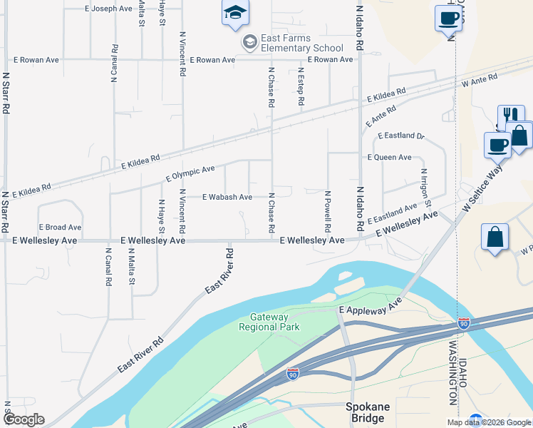 map of restaurants, bars, coffee shops, grocery stores, and more near 4916 North Chase Road in Newman Lake