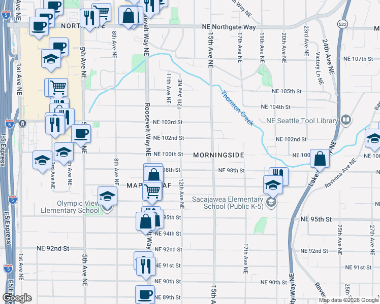 map of restaurants, bars, coffee shops, grocery stores, and more near 1208 Northeast 100th Street in Seattle