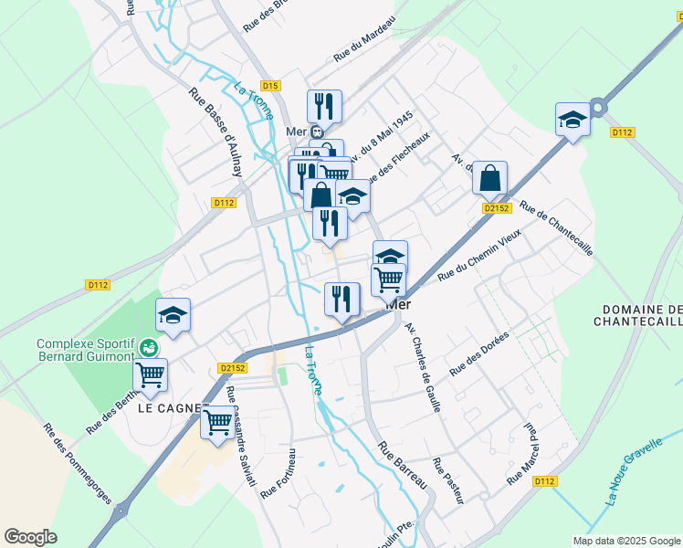 map of restaurants, bars, coffee shops, grocery stores, and more near 26 Rue Jean et Guy Dutems in Mer