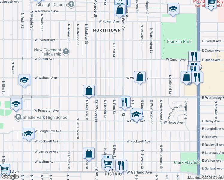 map of restaurants, bars, coffee shops, grocery stores, and more near 4724 North Post Street in Spokane