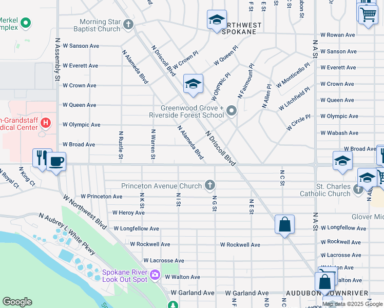 map of restaurants, bars, coffee shops, grocery stores, and more near 3611 West Broad Avenue in Spokane