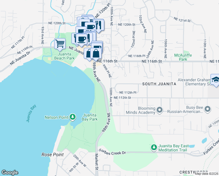 map of restaurants, bars, coffee shops, grocery stores, and more near 11301 100th Avenue Northeast in Kirkland