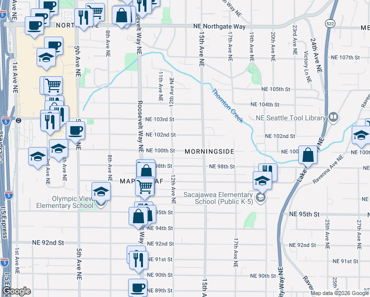 map of restaurants, bars, coffee shops, grocery stores, and more near 1208 Northeast 100th Street in Seattle