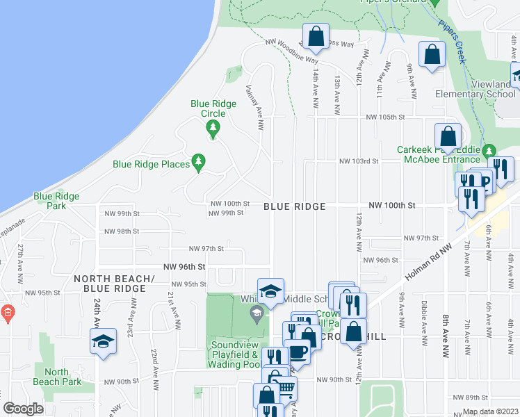 map of restaurants, bars, coffee shops, grocery stores, and more near 1515 Northwest 100th Street in Seattle