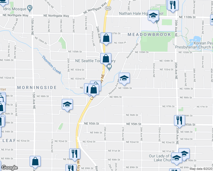map of restaurants, bars, coffee shops, grocery stores, and more near 2500 Northeast 100th Street in Seattle