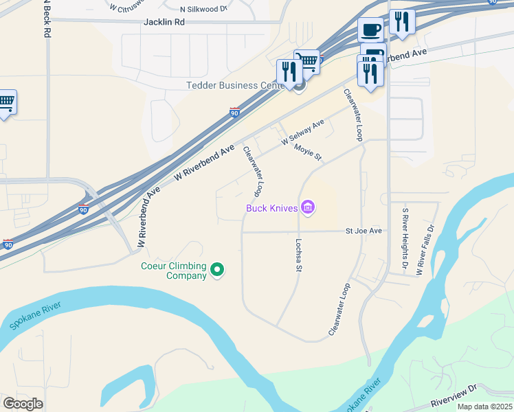map of restaurants, bars, coffee shops, grocery stores, and more near 525 Clearwater Loop in Post Falls