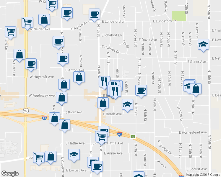 map of restaurants, bars, coffee shops, grocery stores, and more near 2618 North 5th Street in Coeur d'Alene
