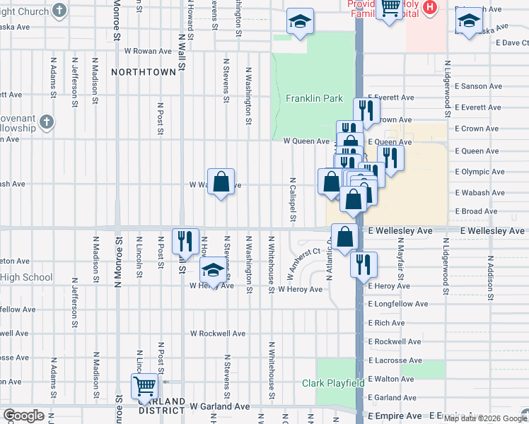 map of restaurants, bars, coffee shops, grocery stores, and more near 4723 N Whitehouse St in Spokane