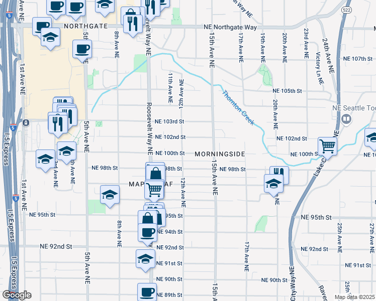 map of restaurants, bars, coffee shops, grocery stores, and more near 1208 Northeast 100th Street in Seattle