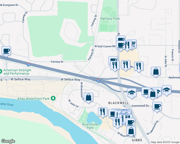 map of restaurants, bars, coffee shops, grocery stores, and more near 1905 Appleway Avenue in Coeur d'Alene