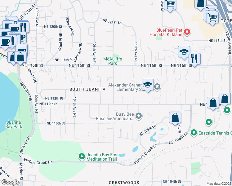 map of restaurants, bars, coffee shops, grocery stores, and more near 11236 108th Avenue Northeast in Kirkland