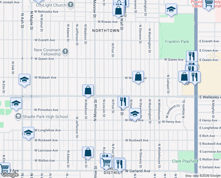 map of restaurants, bars, coffee shops, grocery stores, and more near 4724 North Post Street in Spokane