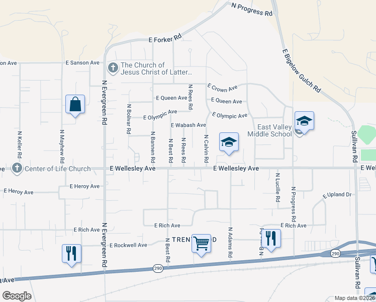 map of restaurants, bars, coffee shops, grocery stores, and more near 4906 North Rees Road in Spokane Valley